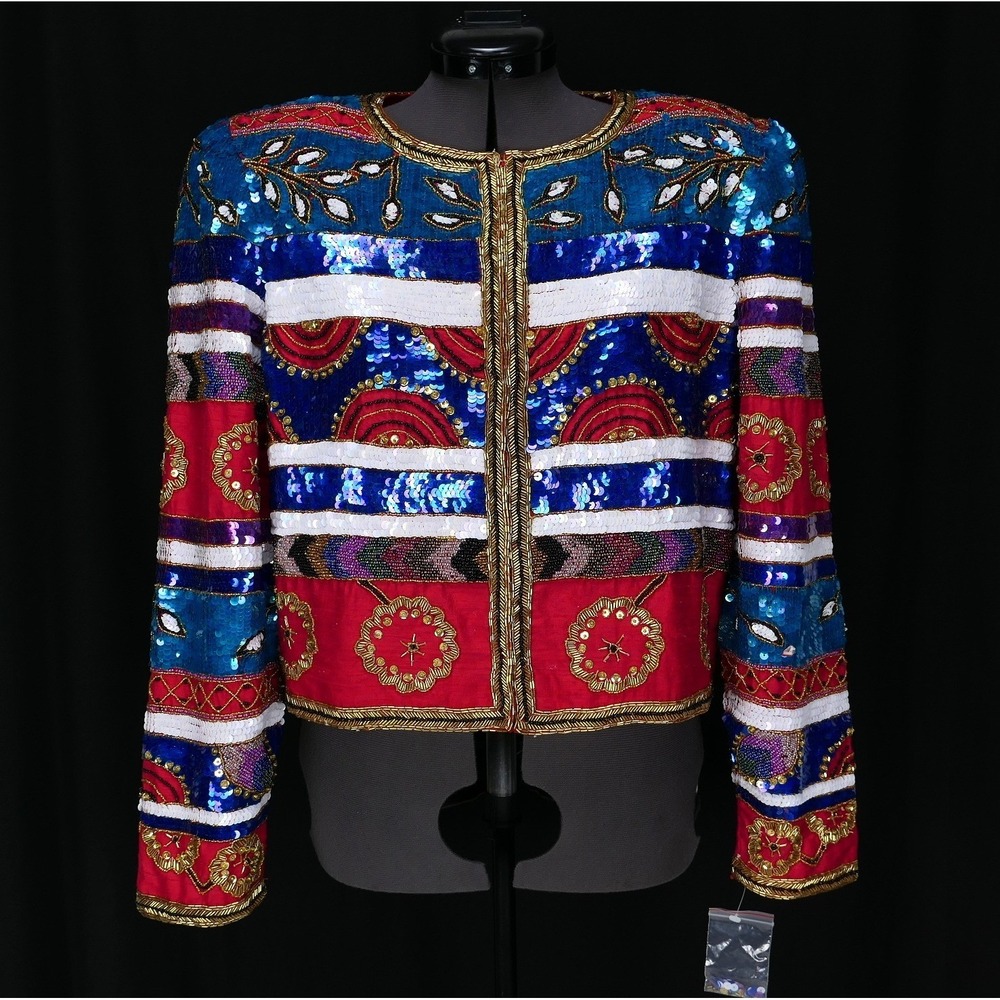 NEW Leslie Fay Evenings Vintage Silk Beaded Sequin Jacket Multi Color Womens L